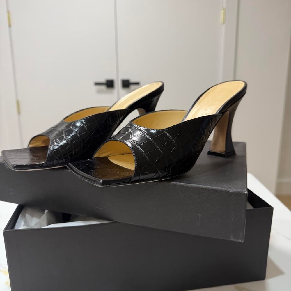 A.W.A.K.E Square-Toe Croc-Embossed Leather Mules